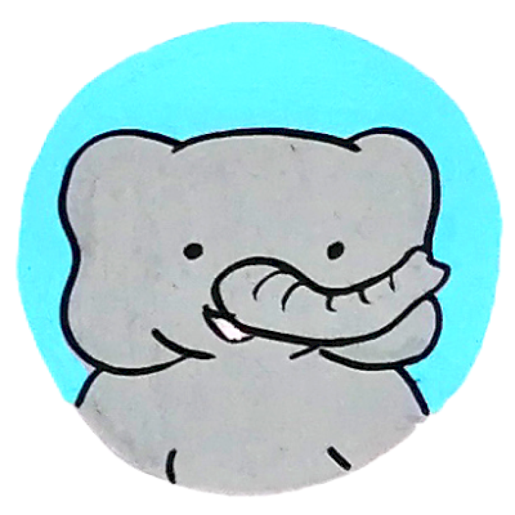 Médaillon bleu ciel dans lequel il y a un éléphant gris qui sourit, tout mignon.