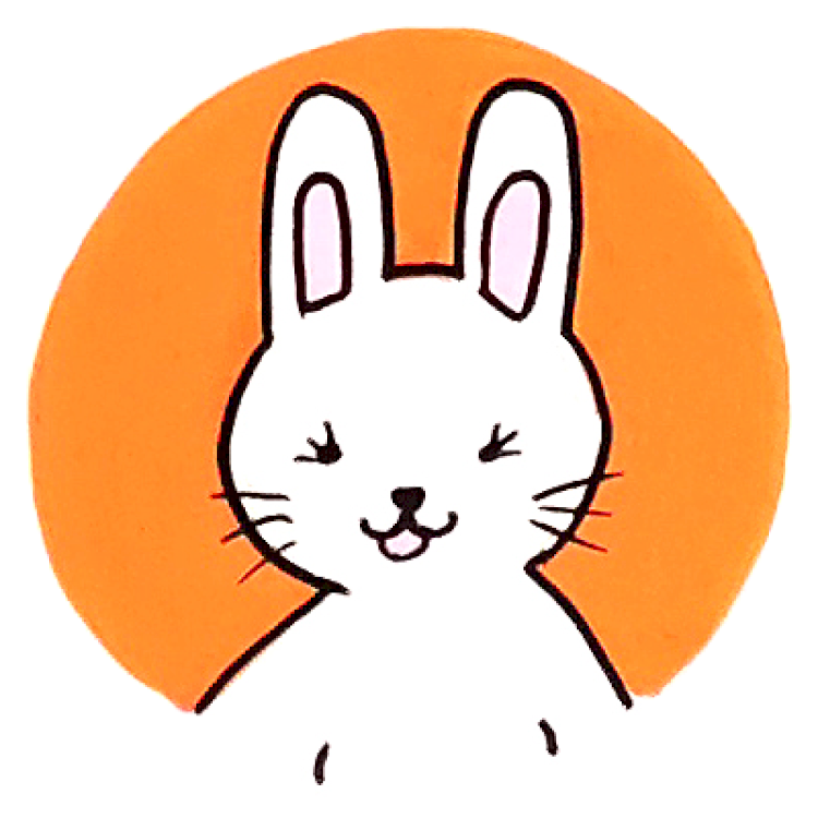 Médaillon orange dans lequel il y a une lapine blanche qui sourit, toute mignonne.