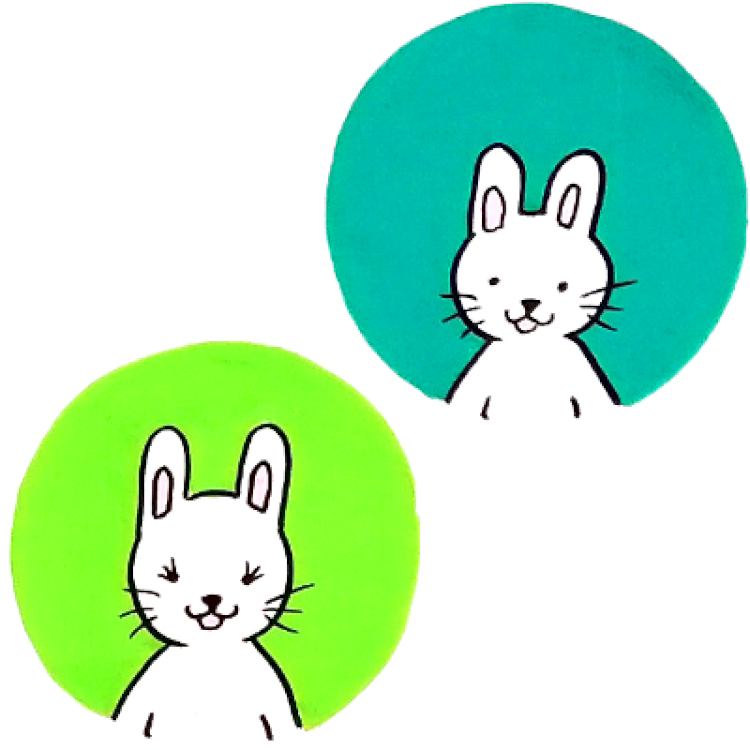 2 Médaillons vert clair et vert foncé dans lesquels il y a un petit lapin et une petite lapine blanche qui sourient, tout mignons.