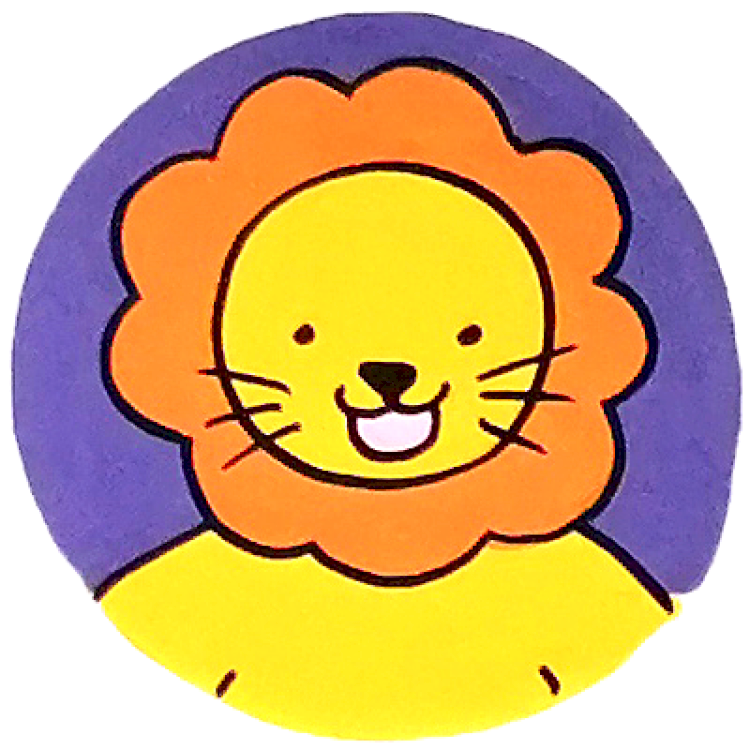 Médaillon violet dans lequel il y a un lion jaune avec une crinière en forme de fleur orange, qui sourit, tout mignon.