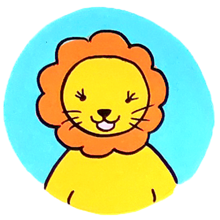 Médaillon bleu ciel dans lequel il y a une lionne jaune avec une crinière en forme de fleur orange, qui sourit, tout mignon.
