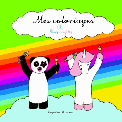 Un panda et une licorne aux cheveux roses brandissent des crayons de couleurs très haut en riant. Ils sont sur un nuages et un immense arc-en-ciel apparait derrière euxr