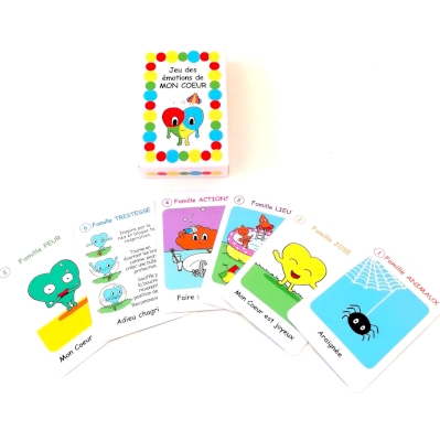 JEU DE CARTES DES EMOTIONS DE MON COEUR créé par Cynthia LATTIER et Delphine DUMONT Jeu des émotions de Mon Coeur : 7 familles des émotions, mémory des émotions, valise à outils, j'écoute mes émotions. Contient 12 exercices de sophrologie. colère, tristesse, peur, joie . Jeu PLUMES E